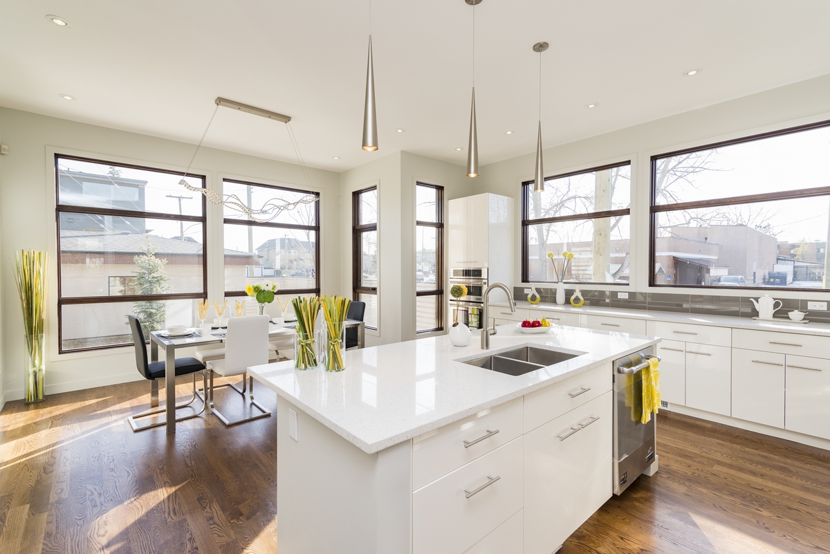 interior shot modern house kitchen with large windows